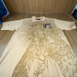 Coogi Graphic Polo Shirt Mens XL Religious Virgin Mary Gold Print Short Sleeve